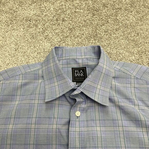 Jos. A. Bank Traveller Tailored Fit Dress Shirt Men Large Blue Plaid Cotton Work - Picture 9 of 11